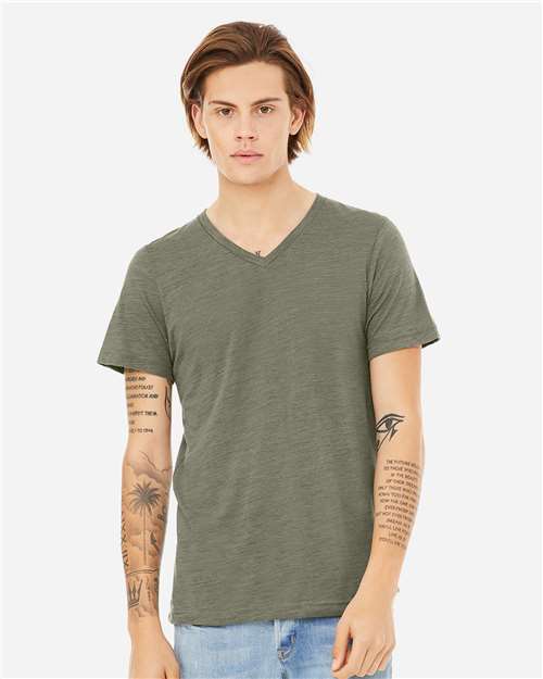 BELLA + CANVAS 3655 Unisex Textured Jersey V-Neck Tee - Olive Slub - model front
