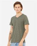 BELLA + CANVAS 3655 Unisex Textured Jersey V-Neck Tee - Olive Slub - model side