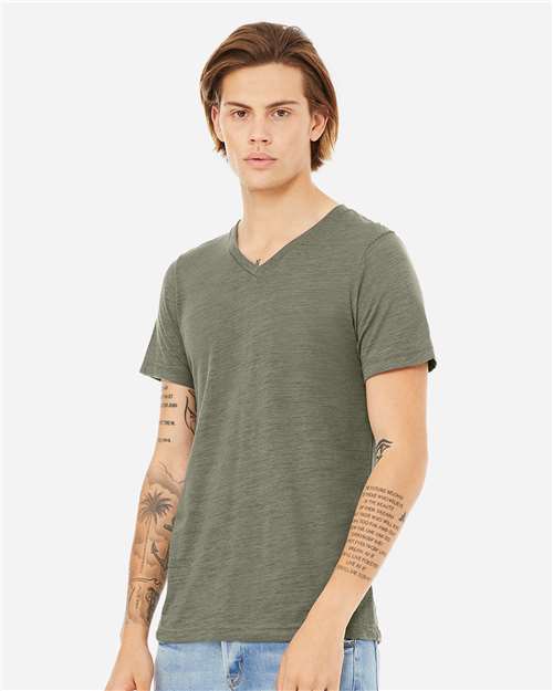 BELLA + CANVAS 3655 Unisex Textured Jersey V-Neck Tee - Olive Slub - model side