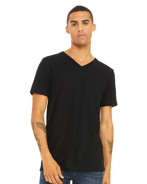 BELLA + CANVAS 3655 Unisex Textured Jersey V-Neck Tee - Solid Black Slub - model front