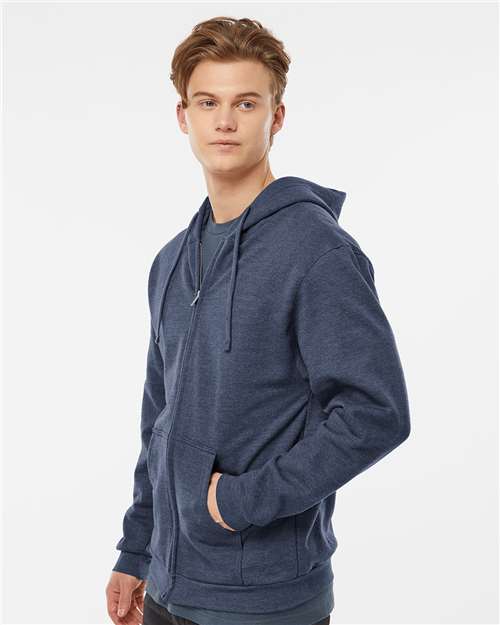 Tultex 331 Unisex Full-Zip Hooded Sweatshirt - Heather Denim - model side