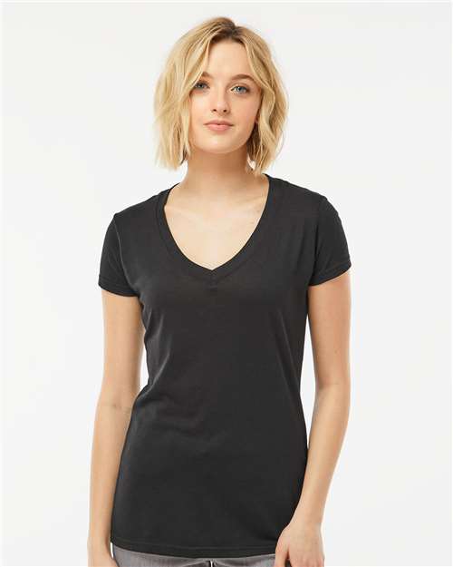 Tultex 244 Women's Poly-Rich V-Neck T-Shirt - Black - model front