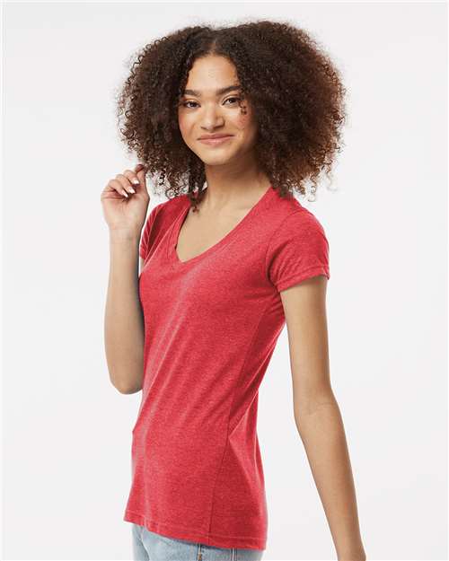 Tultex 244 Women's Poly-Rich V-Neck T-Shirt - Heather Red - model side