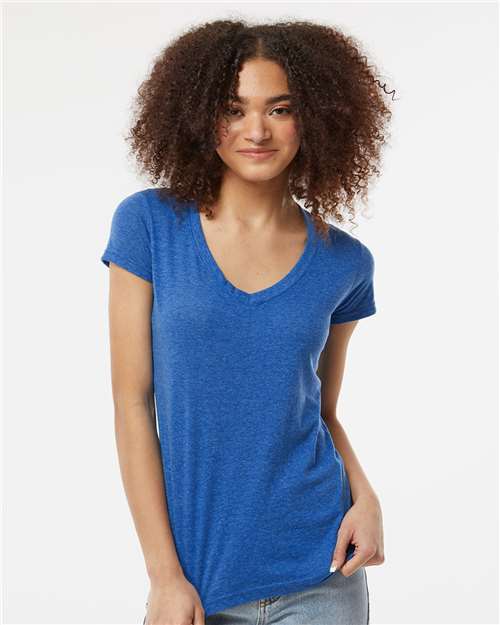Tultex 244 Women's Poly-Rich V-Neck T-Shirt - Heather Royal - model front
