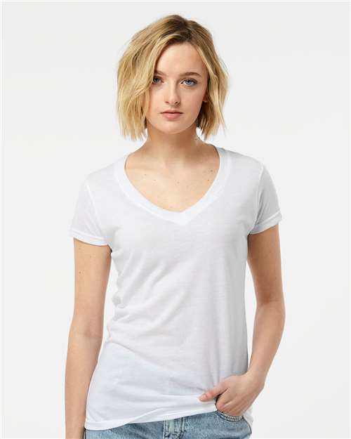 Tultex 244 Women's Poly-Rich V-Neck T-Shirt - White - model front