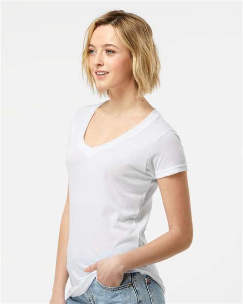 Tultex 244 Women's Poly-Rich V-Neck T-Shirt - White - model side