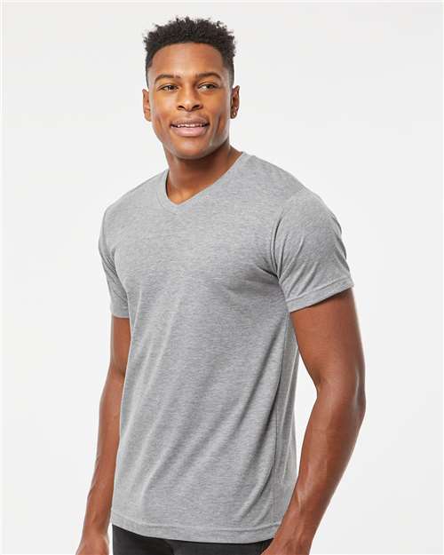 Tultex 207 Men's Poly-Rich V-Neck T-Shirt - Heather Grey - model side