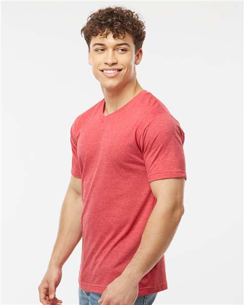 Tultex 207 Men's Poly-Rich V-Neck T-Shirt - Heather Red - model side