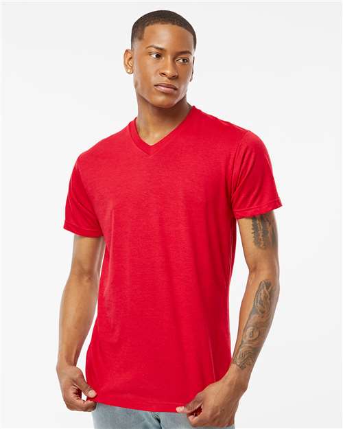 Tultex 207 Men's Poly-Rich V-Neck T-Shirt - Red - model front