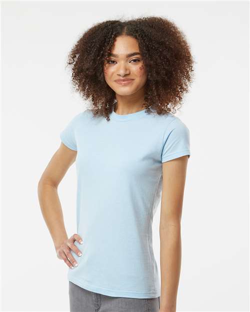Tultex 213 Women's Fine Jersey Slim Fit T-Shirt - Baby Blue - model side