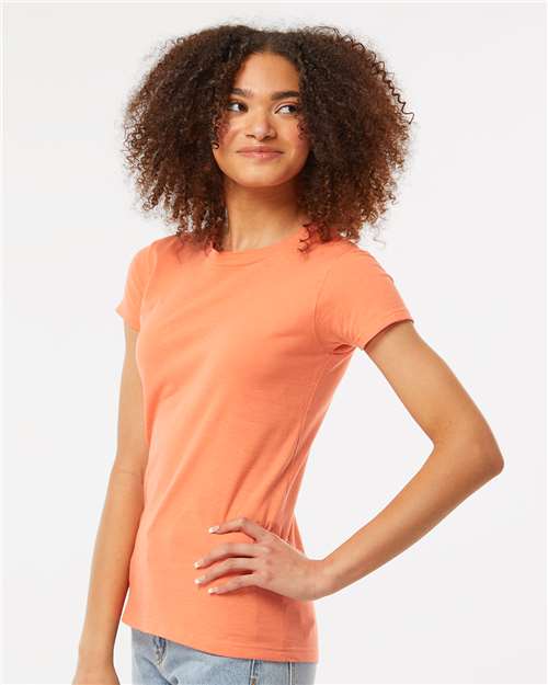 Tultex 213 Women's Fine Jersey Slim Fit T-Shirt - Coral - model side