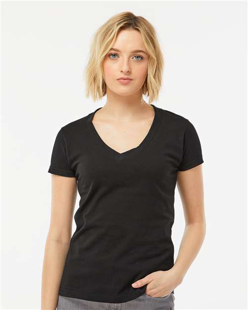 Tultex 214 Women's Fine Jersey V-Neck T-Shirt - Black - model front