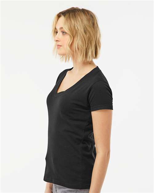Tultex 214 Women's Fine Jersey V-Neck T-Shirt - Black - model side