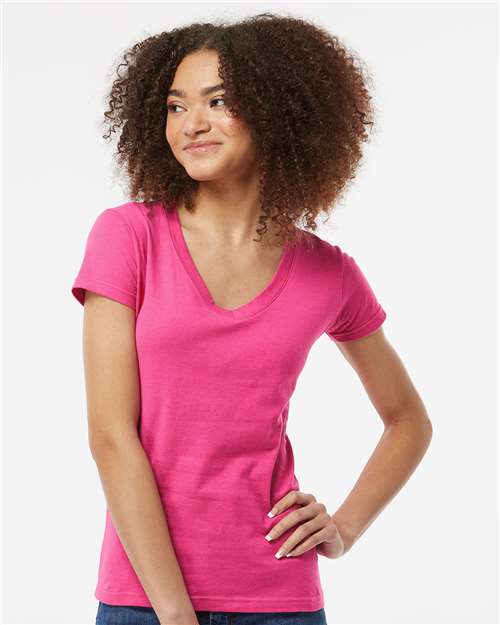 Tultex 214 Women's Fine Jersey V-Neck T-Shirt - Fuchsia - model front
