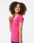 Tultex 214 Women's Fine Jersey V-Neck T-Shirt - Fuchsia - model side