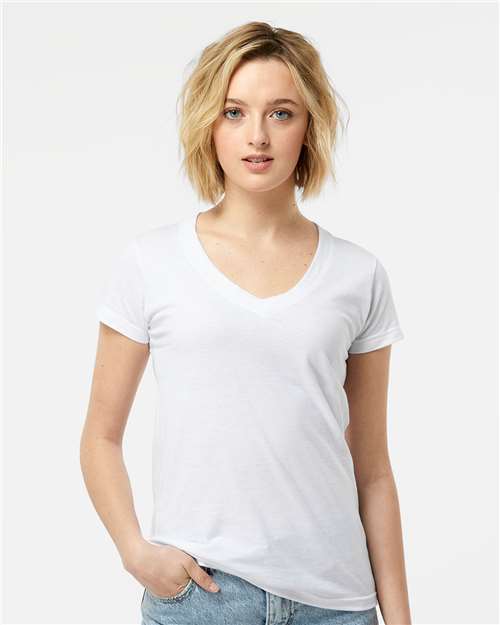 Tultex 214 Women's Fine Jersey V-Neck T-Shirt - White - model front