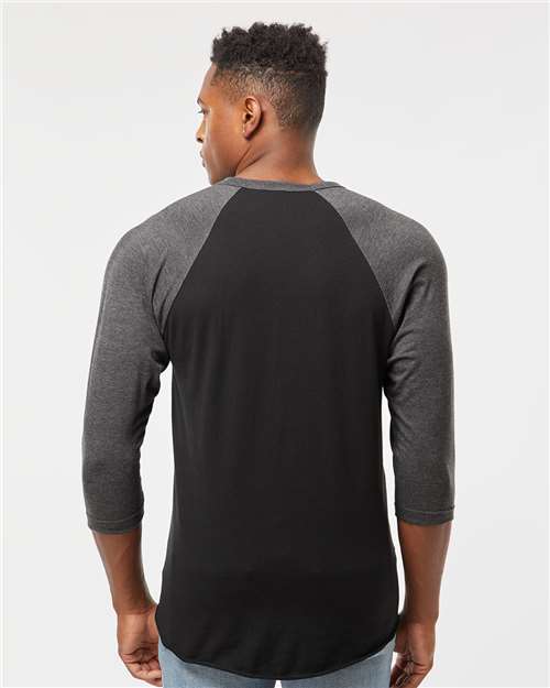 Tultex 245 Unisex Fine Jersey Raglan T-Shirt - Black/ Heather Charcoal - model back