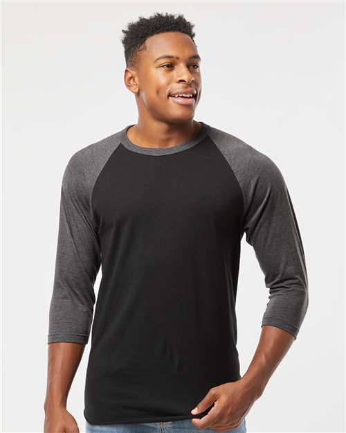 Tultex 245 Unisex Fine Jersey Raglan T-Shirt - Black/ Heather Charcoal - model front