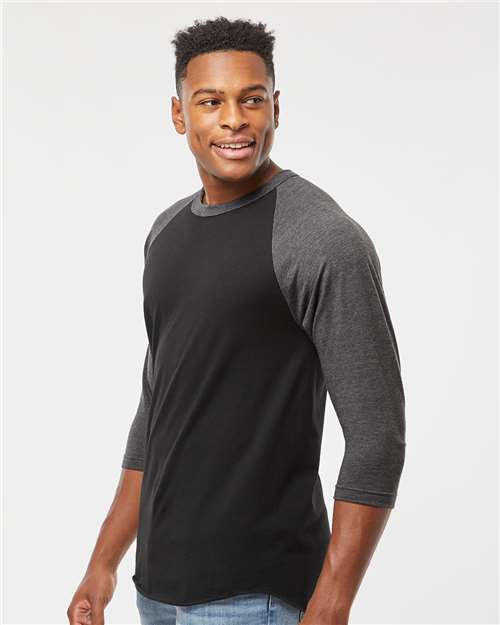 Tultex 245 Unisex Fine Jersey Raglan T-Shirt - Black/ Heather Charcoal - model side