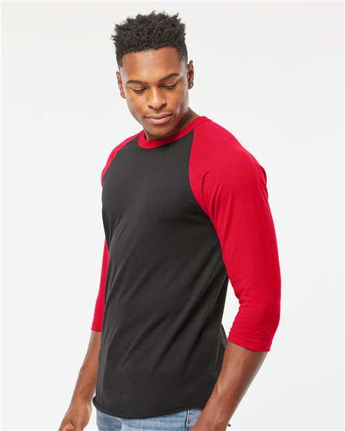 Tultex 245 Unisex Fine Jersey Raglan T-Shirt - Black/ Red - model side