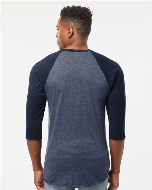 Tultex 245 Unisex Fine Jersey Raglan T-Shirt - Heather Denim/ Navy - model back
