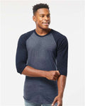 Tultex 245 Unisex Fine Jersey Raglan T-Shirt - Heather Denim/ Navy - model front
