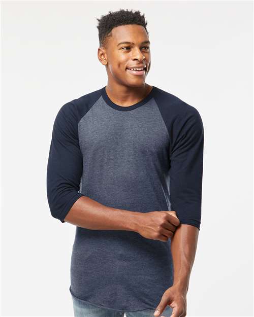 Tultex 245 Unisex Fine Jersey Raglan T-Shirt - Heather Denim/ Navy - model front