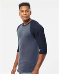 Tultex 245 Unisex Fine Jersey Raglan T-Shirt - Heather Denim/ Navy - model side