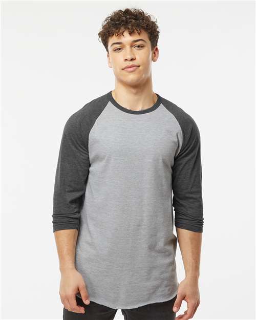 Tultex 245 Unisex Fine Jersey Raglan T-Shirt - Heather Grey/ Heather Charcoal - model front
