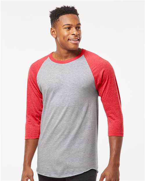 Tultex 245 Unisex Fine Jersey Raglan T-Shirt - Heather Grey/ Heather Red - model front