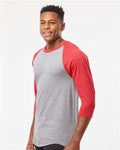 Tultex 245 Unisex Fine Jersey Raglan T-Shirt - Heather Grey/ Heather Red - model side