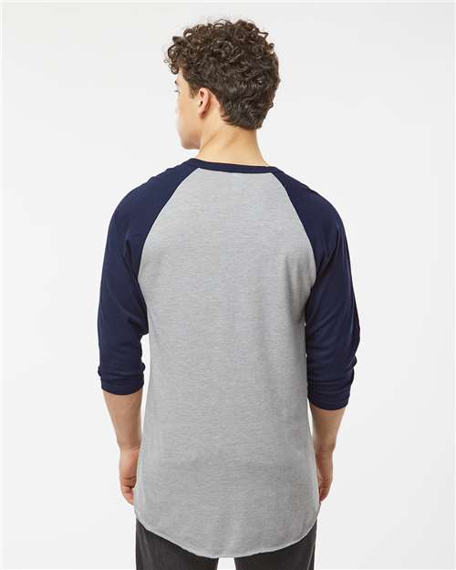 Tultex 245 Unisex Fine Jersey Raglan T-Shirt - Heather Grey/ Navy - model back