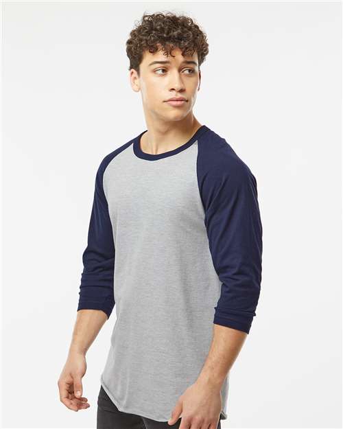 Tultex 245 Unisex Fine Jersey Raglan T-Shirt - Heather Grey/ Navy - model side