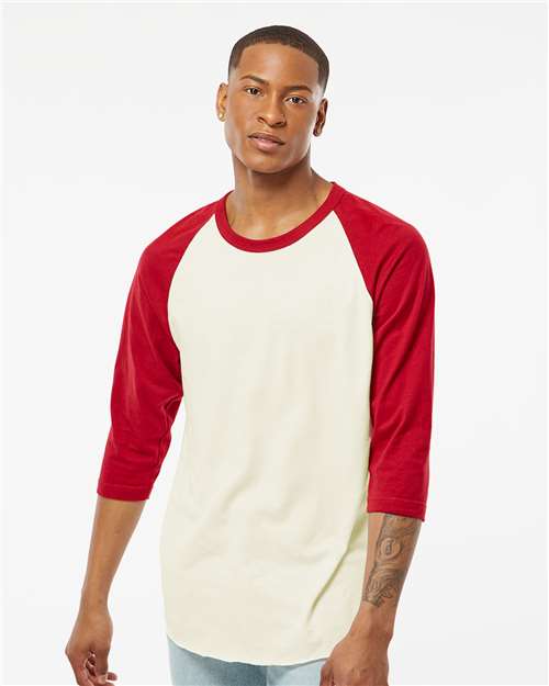 Tultex 245 Unisex Fine Jersey Raglan T-Shirt - Vintage White/ Rio Red - model front