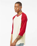 Tultex 245 Unisex Fine Jersey Raglan T-Shirt - Vintage White/ Rio Red - model side