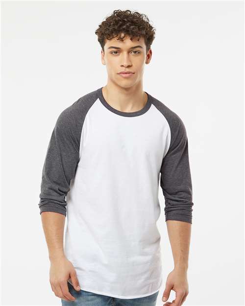 Tultex 245 Unisex Fine Jersey Raglan T-Shirt - White/ Heather Charcoal - model front