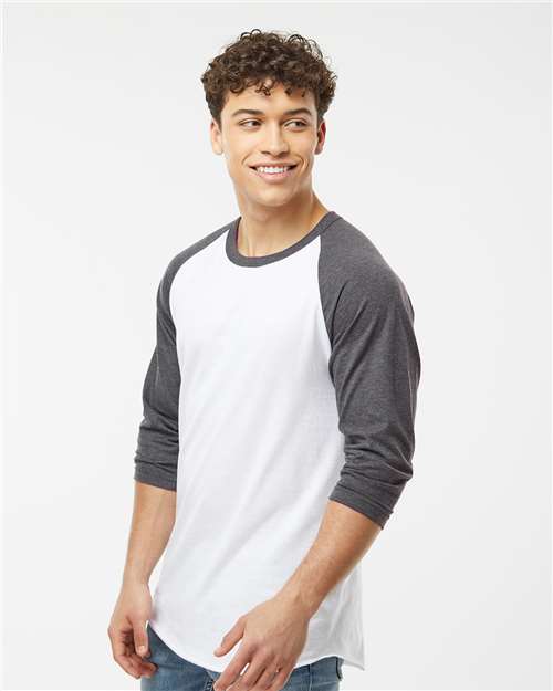Tultex 245 Unisex Fine Jersey Raglan T-Shirt - White/ Heather Charcoal - model side