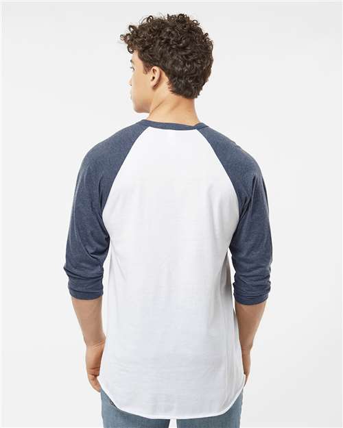 Tultex 245 Unisex Fine Jersey Raglan T-Shirt - White/ Heather Denim - model back