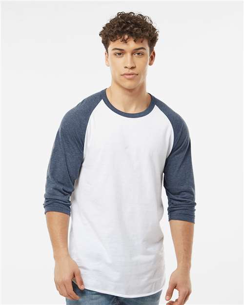 Tultex 245 Unisex Fine Jersey Raglan T-Shirt - White/ Heather Denim - model front