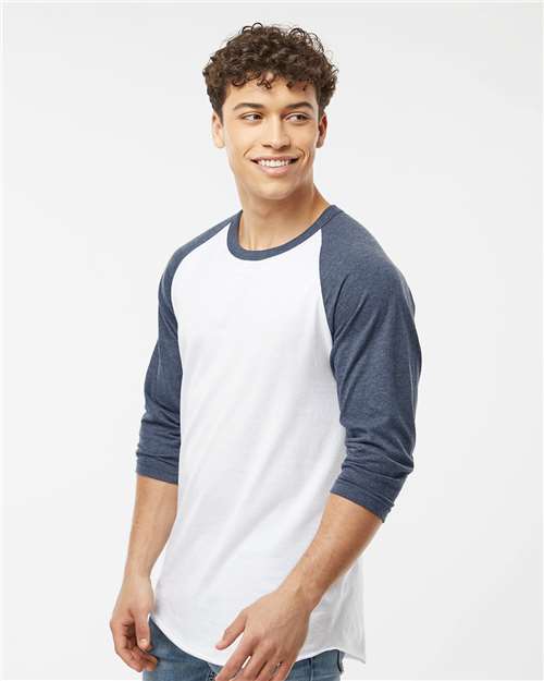 Tultex 245 Unisex Fine Jersey Raglan T-Shirt - White/ Heather Denim - model side
