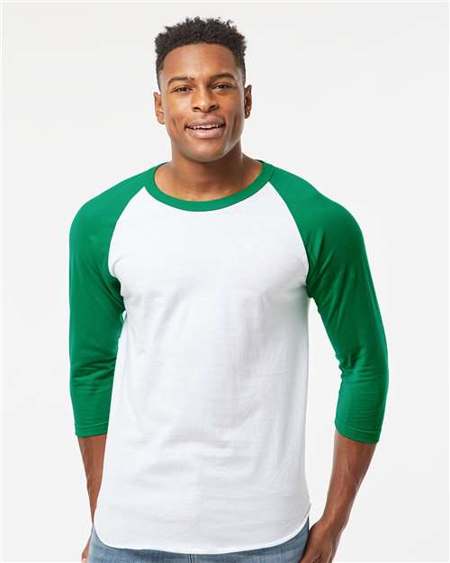 Tultex 245 Unisex Fine Jersey Raglan T-Shirt - White/ Kelly - model front