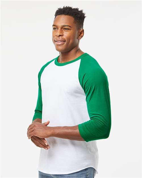 Tultex 245 Unisex Fine Jersey Raglan T-Shirt - White/ Kelly - model side