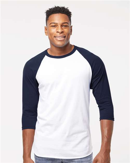 Tultex 245 Unisex Fine Jersey Raglan T-Shirt - White/ Navy - model front