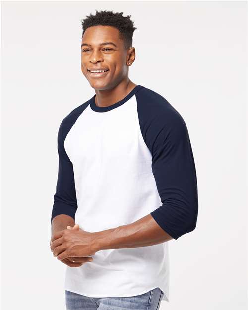 Tultex 245 Unisex Fine Jersey Raglan T-Shirt - White/ Navy - model side
