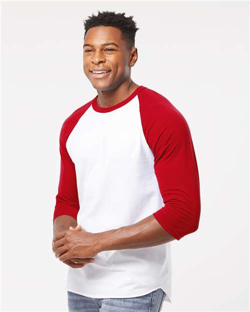 Tultex 245 Unisex Fine Jersey Raglan T-Shirt - White/ Red - model side