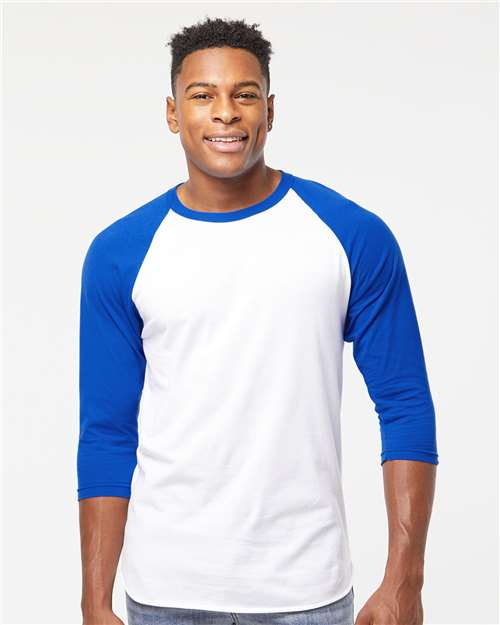 Tultex 245 Unisex Fine Jersey Raglan T-Shirt - White/ Royal - model front