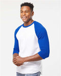 Tultex 245 Unisex Fine Jersey Raglan T-Shirt - White/ Royal - model side
