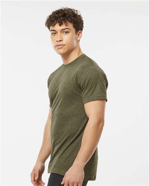 Tultex 241 Unisex Poly-Rich T-Shirt - Heather Military Green - model side