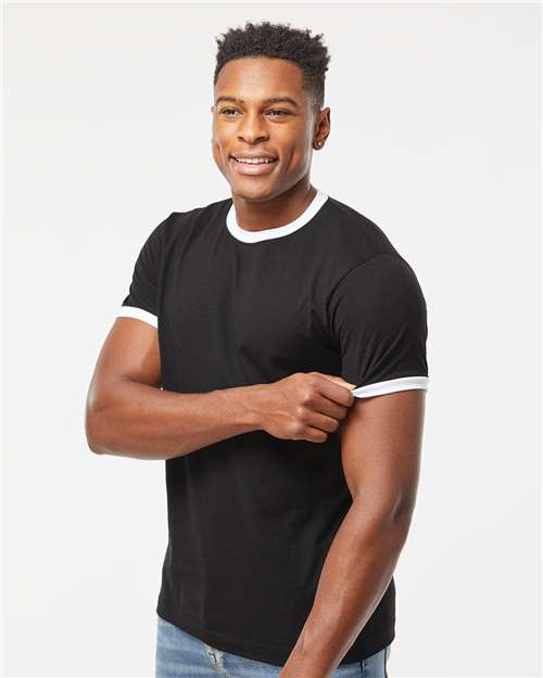 Tultex 246 Unisex Fine Jersey Ringer T-Shirt - Black/ White - model side