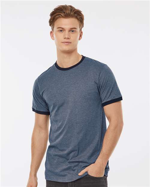 Tultex 246 Unisex Fine Jersey Ringer T-Shirt - Heather Denim/ Navy - model front